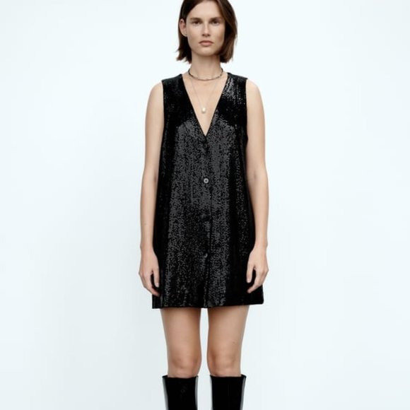 Zara Sparkly Vest Mini Dress Black NWT - Picture 2 of 5